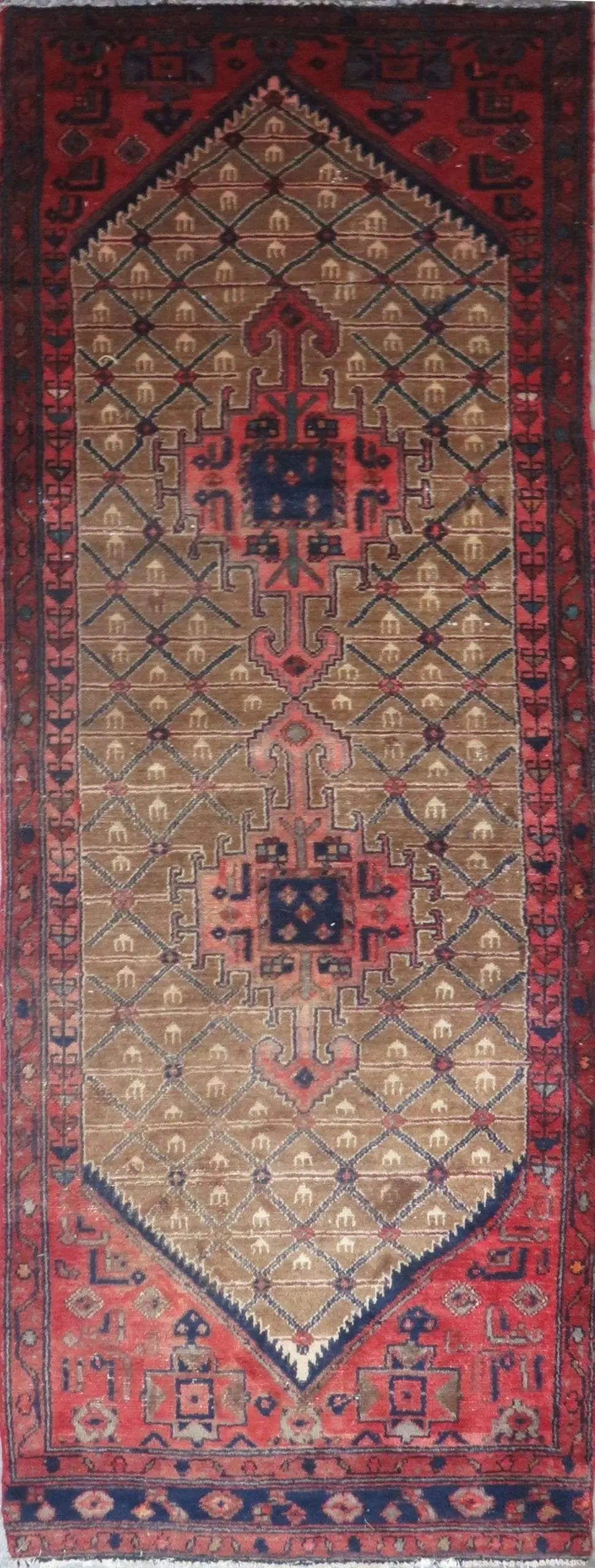 One Of The Kind Hand-Knotted Persian Wool Rug _ Luxurious Vintage Design, 7'9" x 2'8", Artisan Crafted